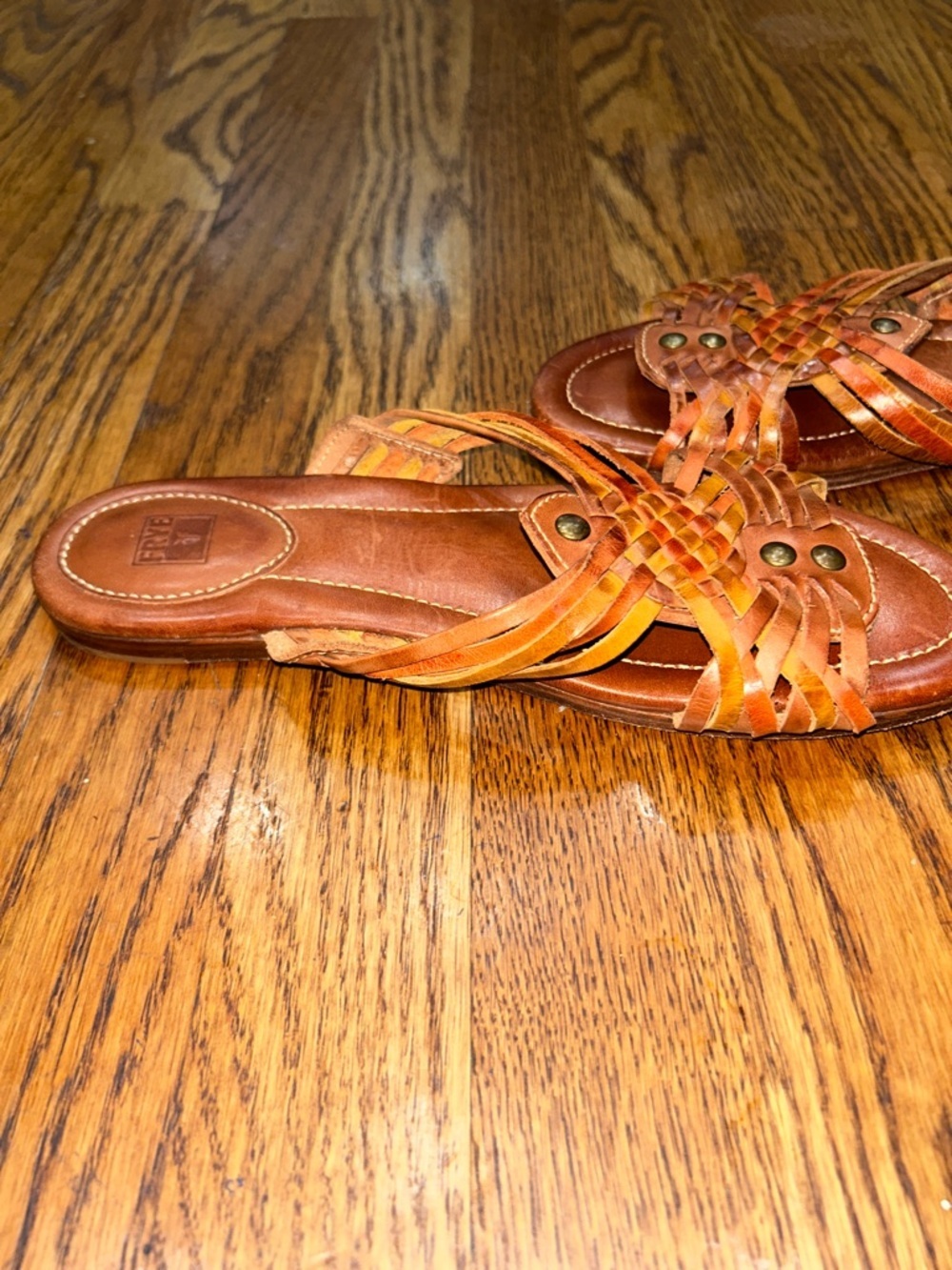 Frye Woven Leather Slide in Tan Orange Accents Fisherman Sandal Women’s 8.5 - Picture 8 of 9